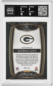 Jordan Love from the 2020 Panini Select set featuring a Dragon Scale Prizm parallel graded by Arena Club and given an overall grade of 9.5.
