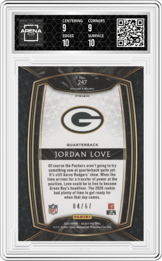 Jordan Love from the 2020 Panini Select set featuring a Dragon Scale Prizm parallel graded by Arena Club and given an overall grade of 9.5.