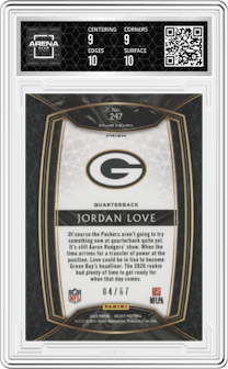 Jordan Love from the 2020 Panini Select set featuring a Dragon Scale Prizm parallel graded by Arena Club and given an overall grade of 9.5.
