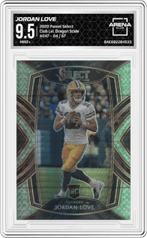 Jordan Love from the 2020 Panini Select set featuring a Dragon Scale Prizm parallel graded by Arena Club and given an overall grade of 9.5.