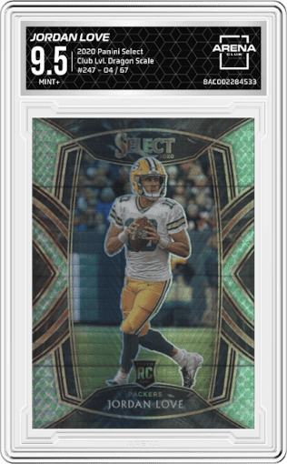 Jordan Love from the 2020 Panini Select set featuring a Dragon Scale Prizm parallel graded by Arena Club and given an overall grade of 9.5.