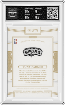 Tony Parker from the 2019-20 Panini Flawless set featuring a Gold parallel graded by Arena Club and given an overall grade of 8.5.