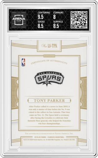 Tony Parker from the 2019-20 Panini Flawless set featuring a Gold parallel graded by Arena Club and given an overall grade of 8.5.