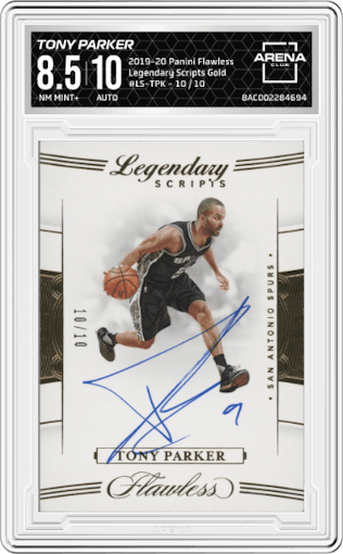 Tony Parker from the 2019-20 Panini Flawless set featuring a Gold parallel graded by Arena Club and given an overall grade of 8.5.