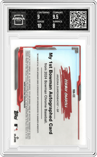 Corbin Carroll from the 2024 Bowman Chrome set featuring a Gold Mini Diamond Refractor parallel graded by Arena Club and given an overall grade of 8.5.