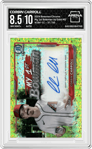 Corbin Carroll from the 2024 Bowman Chrome set featuring a Gold Mini Diamond Refractor parallel graded by Arena Club and given an overall grade of 8.5.