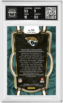 Trevor Lawrence from the 2022 Panini Select set featuring a Red Prizm parallel graded by Arena Club and given an overall grade of 9.5.