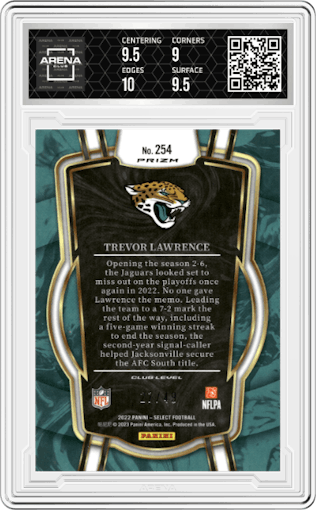 Trevor Lawrence from the 2022 Panini Select set featuring a Red Prizm parallel graded by Arena Club and given an overall grade of 9.5.