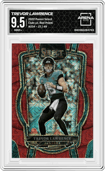 Trevor Lawrence from the 2022 Panini Select set featuring a Red Prizm parallel graded by Arena Club and given an overall grade of 9.5.