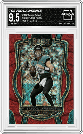 Trevor Lawrence from the 2022 Panini Select set featuring a Red Prizm parallel graded by Arena Club and given an overall grade of 9.5.