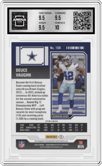 Deuce Vaughn from the 2023 Panini Contenders Optic set featuring a Silver parallel graded by Arena Club and given an overall grade of 10.