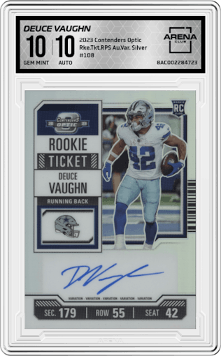 Deuce Vaughn from the 2023 Panini Contenders Optic set featuring a Silver parallel graded by Arena Club and given an overall grade of 10.