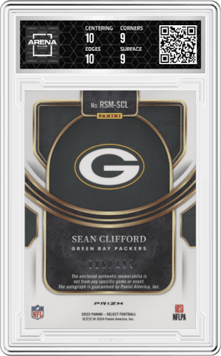 Sean Clifford from the 2023 Panini Select set graded by Arena Club and given an overall grade of 9.5.