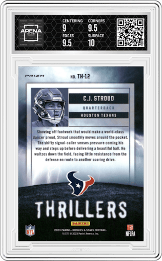 C.J. Stroud from the 2023 Panini Rookies & Stars set featuring a Longevity parallel graded by Arena Club and given an overall grade of 9.5.