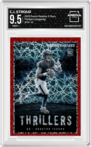 C.J. Stroud from the 2023 Panini Rookies & Stars set featuring a Longevity parallel graded by Arena Club and given an overall grade of 9.5.