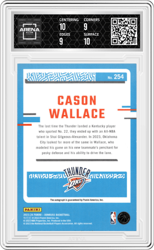 Cason Wallace from the 2023-24 Panini Donruss set graded by Arena Club and given an overall grade of 9.5.