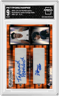 Tahaad Pettiford/Dylan Harper from the 2022-23 Leaf MultiGraphics set featuring a Orange Stealth parallel graded by Arena Club and given an overall grade of 9.
