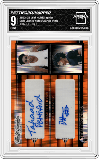 Tahaad Pettiford/Dylan Harper from the 2022-23 Leaf MultiGraphics set featuring a Orange Stealth parallel graded by Arena Club and given an overall grade of 9.