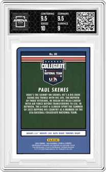 Paul Skenes from the 2023 Panini Stars & Stripes USA set graded by Arena Club and given an overall grade of 9.5.
