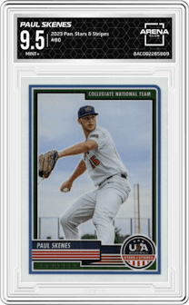 Paul Skenes from the 2023 Panini Stars & Stripes USA set graded by Arena Club and given an overall grade of 9.5.