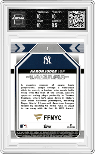 Aaron Judge from the 2024 Topps Fanatics Fest set graded by Arena Club and given an overall grade of 9.