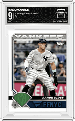 Aaron Judge from the 2024 Topps Fanatics Fest set graded by Arena Club and given an overall grade of 9.