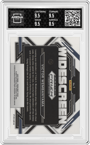 Victor Wembanyama from the 2023-24 Panini Prizm Draft Picks set featuring a Green Wave parallel graded by Arena Club and given an overall grade of 9.