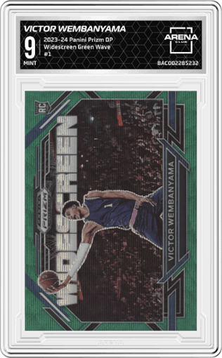 Victor Wembanyama from the 2023-24 Panini Prizm Draft Picks set featuring a Green Wave parallel graded by Arena Club and given an overall grade of 9.