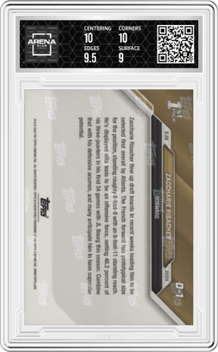 Zaccharie Risacher from the 2024-25 Topps Now set graded by Arena Club and given an overall grade of 9.5.