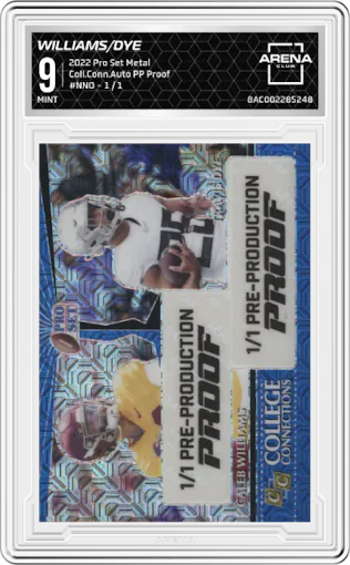 Caleb Williams/Travis Dye from the 2022 Pro Set Metal set featuring a Pre-Production Proof parallel graded by Arena Club and given an overall grade of 9.