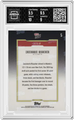Zaccharie Risacher  from the 2024-25 Topps Now set graded by Arena Club and given an overall grade of 9.5.