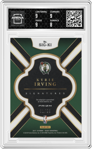 Kyrie Irving from the 2017-18 Panini Select set featuring a Tie-Dye parallel graded by Arena Club and given an overall grade of 8.5.