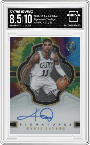 Kyrie Irving from the 2017-18 Panini Select set featuring a Tie-Dye parallel graded by Arena Club and given an overall grade of 8.5.