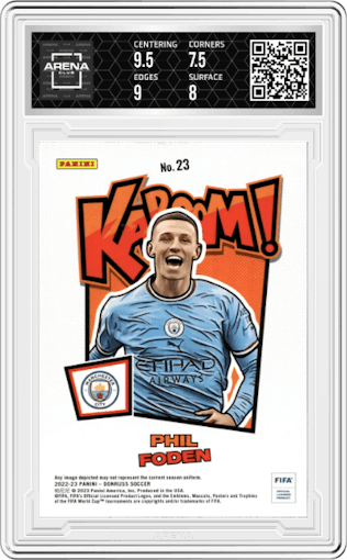 Phil Foden from the 2022-23 Panini Donruss  set graded by Arena Club and given an overall grade of 8.