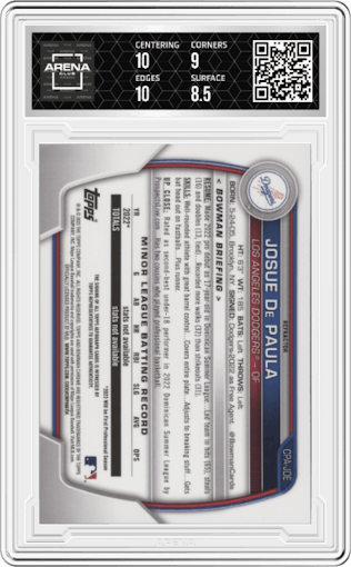 Josue De Paula from the 2023 Bowman  set featuring a Refractor parallel graded by Arena Club and given an overall grade of 9.