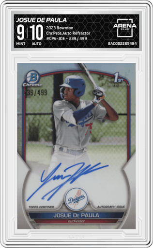Josue De Paula from the 2023 Bowman  set featuring a Refractor parallel graded by Arena Club and given an overall grade of 9.