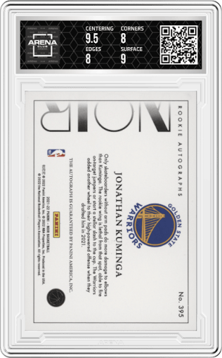Jonathan Kuminga from the 2021-22 Panini Noir set graded by Arena Club and given an overall grade of 8.5.