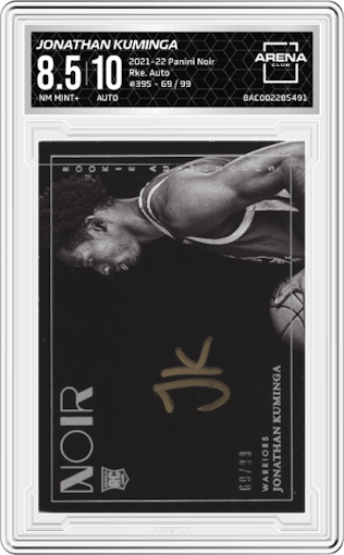 Jonathan Kuminga from the 2021-22 Panini Noir set graded by Arena Club and given an overall grade of 8.5.