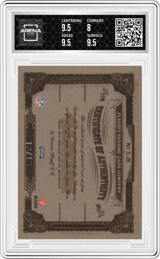Joe Montana from the 2006 Playoff National Treasures set graded by Arena Club and given an overall grade of 8.5.