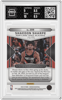 Shaedon Sharpe from the 2022-23 Panini Obsidian set featuring a Electric Etch Purple parallel graded by Arena Club and given an overall grade of 9.