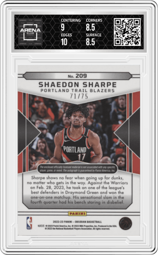 Shaedon Sharpe from the 2022-23 Panini Obsidian set featuring a Electric Etch Purple parallel graded by Arena Club and given an overall grade of 9.