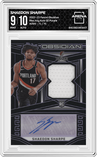 Shaedon Sharpe from the 2022-23 Panini Obsidian set featuring a Electric Etch Purple parallel graded by Arena Club and given an overall grade of 9.