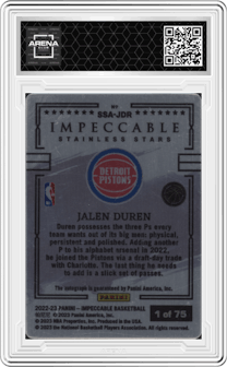 Jalen Duren from the 2022-23 Panini Impeccable set featuring a Blue parallel graded by Arena Club and given an overall grade of 0.