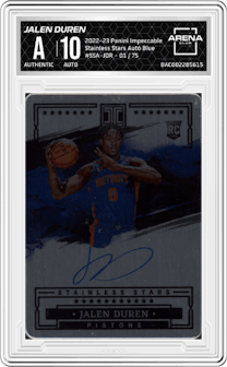 Jalen Duren from the 2022-23 Panini Impeccable set featuring a Blue parallel graded by Arena Club and given an overall grade of 0.