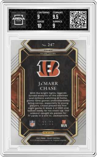 Ja'Marr Chase from the 2021 Panini Select set featuring a Blue Prizm parallel graded by Arena Club and given an overall grade of 9.5.