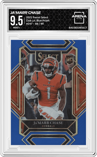 Ja'Marr Chase from the 2021 Panini Select set featuring a Blue Prizm parallel graded by Arena Club and given an overall grade of 9.5.