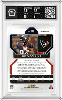 Nico Collins from the 2021 Panini Prizm set featuring a Pink Prizm parallel graded by Arena Club and given an overall grade of 8.5.