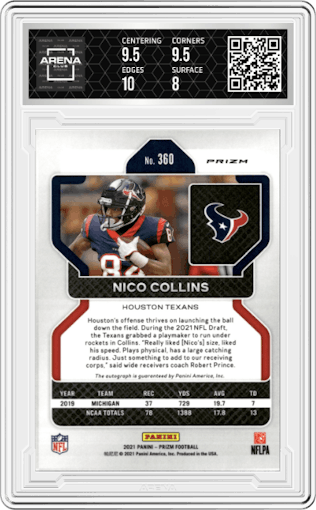 Nico Collins from the 2021 Panini Prizm set featuring a Pink Prizm parallel graded by Arena Club and given an overall grade of 8.5.
