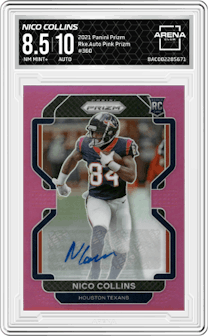 Nico Collins from the 2021 Panini Prizm set featuring a Pink Prizm parallel graded by Arena Club and given an overall grade of 8.5.