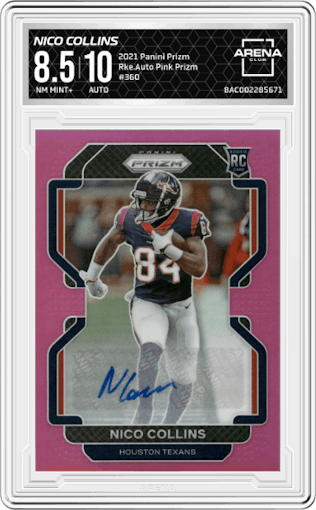 Nico Collins from the 2021 Panini Prizm set featuring a Pink Prizm parallel graded by Arena Club and given an overall grade of 8.5.